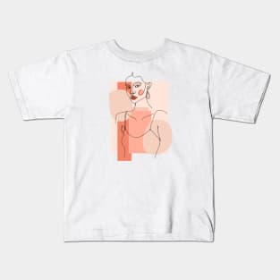 Abstract one line woman portrait with pastel geometric shapes. Female poster. Kids T-Shirt